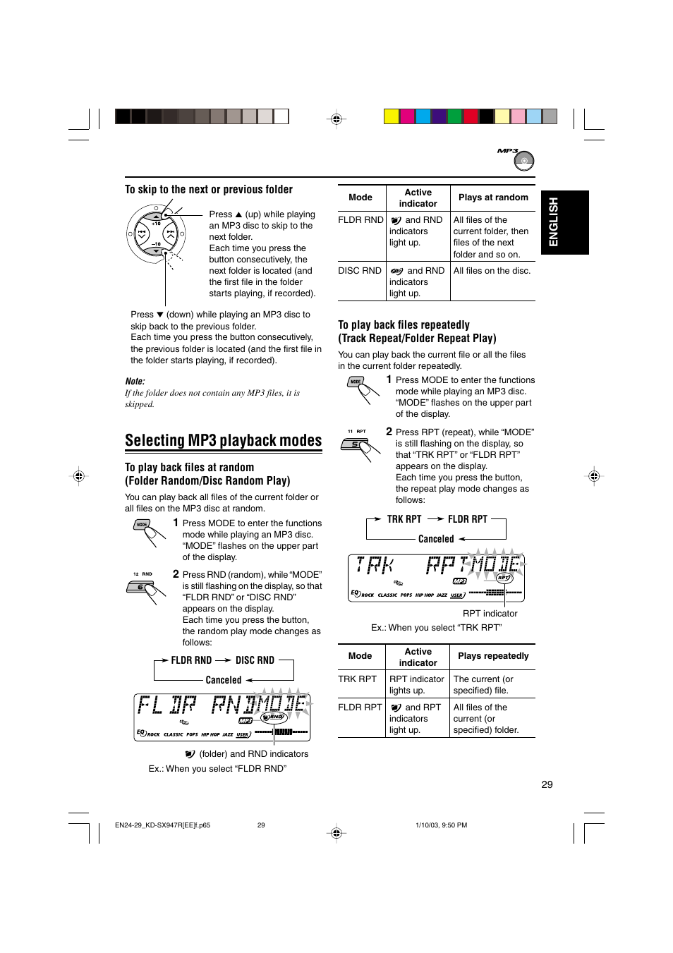 Selecting mp3 playback modes | JVC GET0126-001A User Manual | Page 29 / 56
