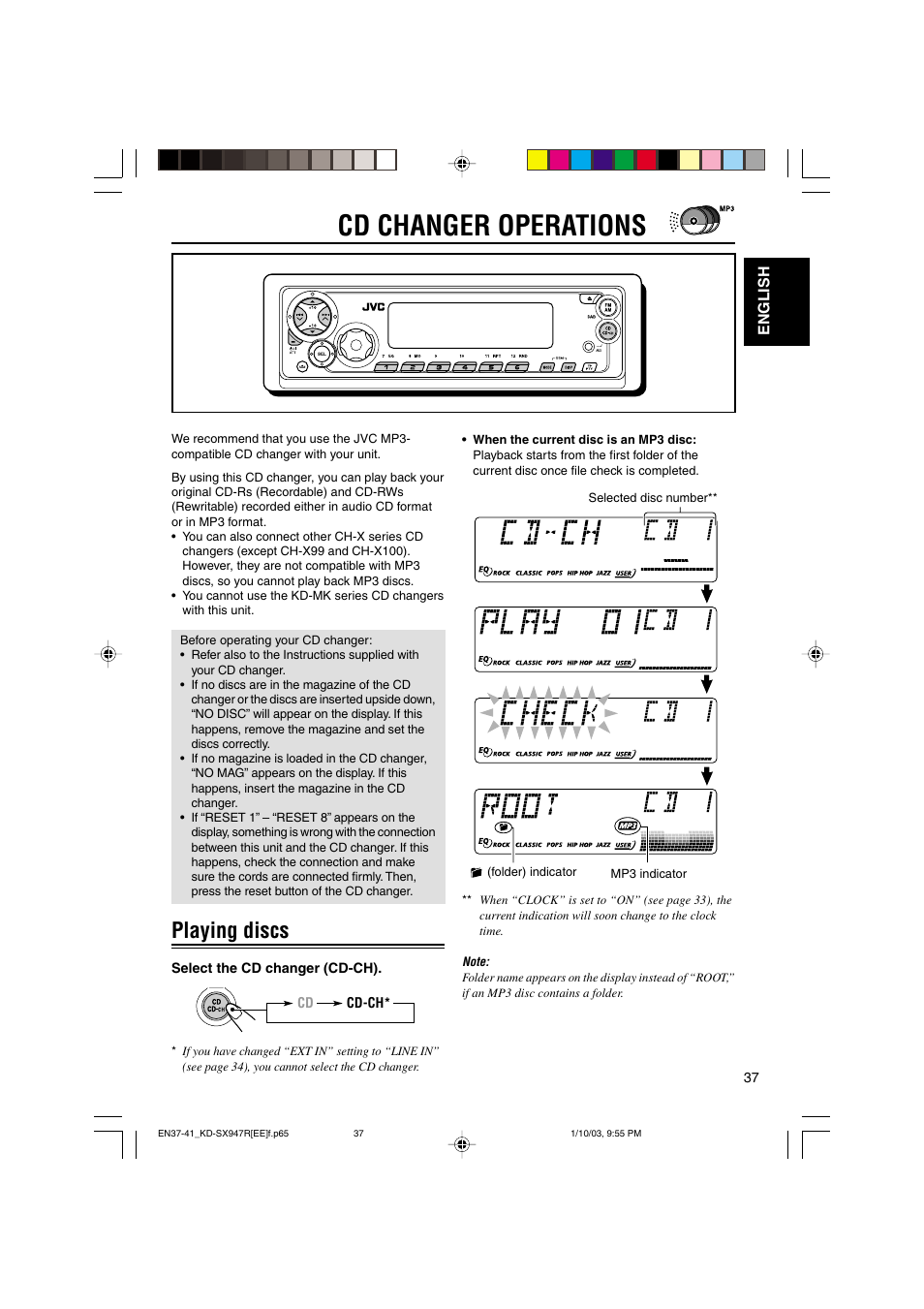 Cd changer operations, Playing discs | JVC GET0126-001A User Manual | Page 37 / 56