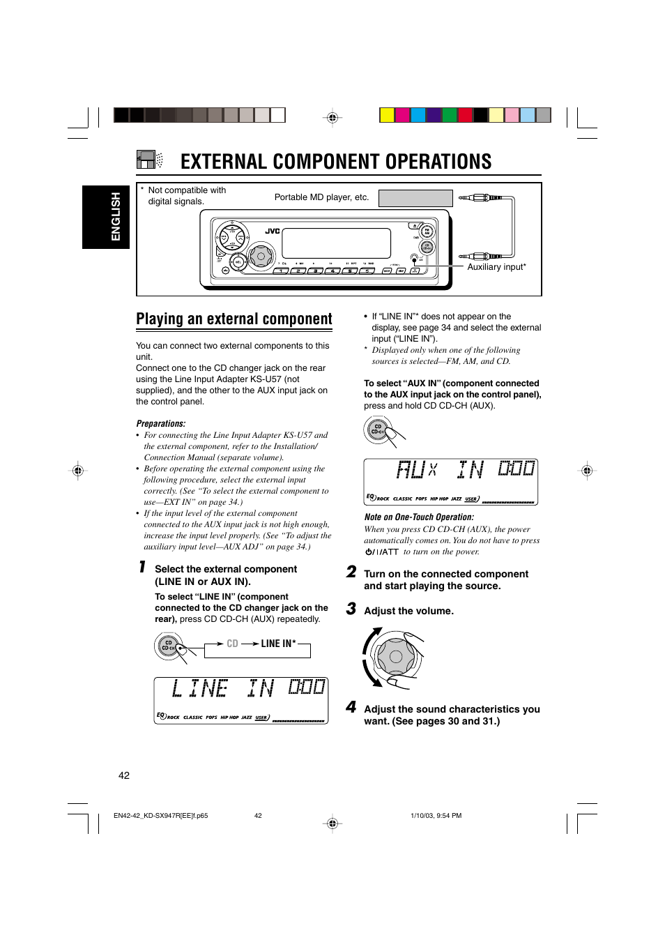 External component operations, Playing an external component | JVC GET0126-001A User Manual | Page 42 / 56