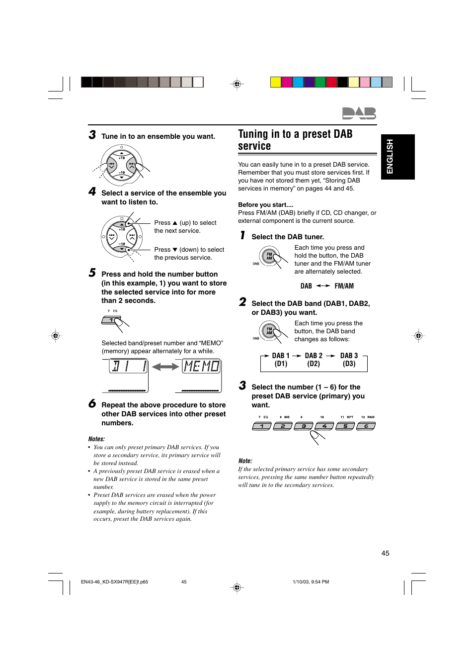 Tuning in to a preset dab service | JVC GET0126-001A User Manual | Page 45 / 56