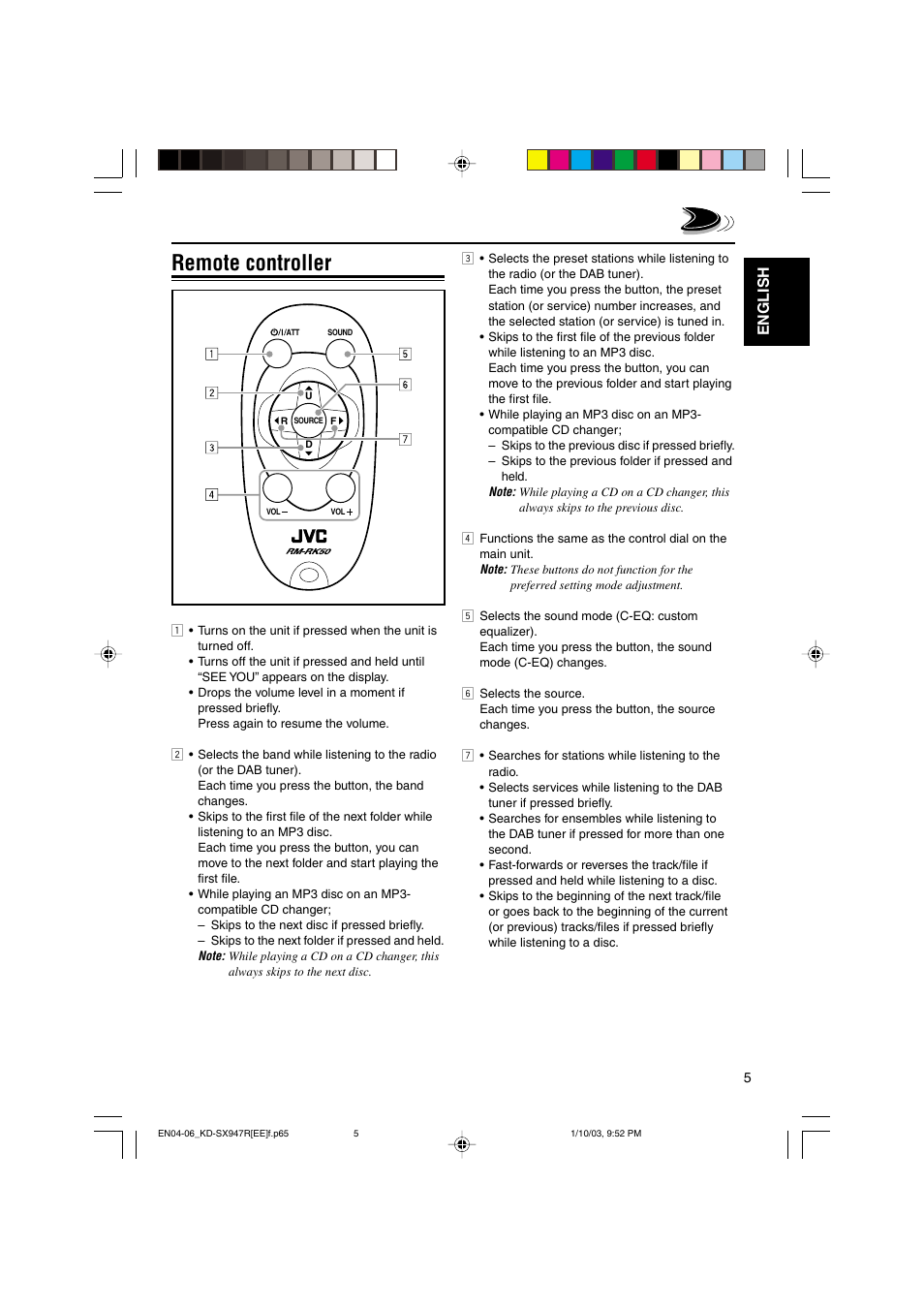 Remote controller, English | JVC GET0126-001A User Manual | Page 5 / 56