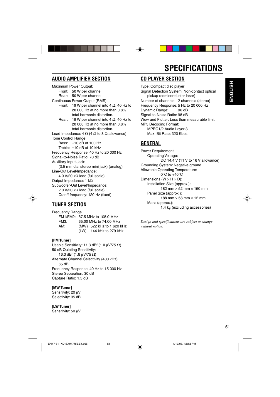 Specifications, General, English | JVC GET0126-001A User Manual | Page 51 / 56