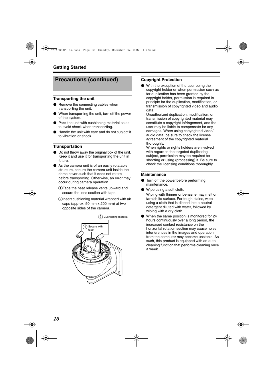 Precautions (continued) | JVC OUTDOOR PTZ IP DOME CAMERA VN-V686WPU User Manual | Page 10 / 44
