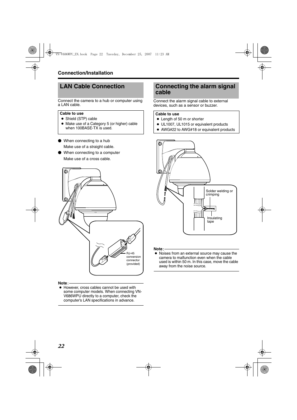 Lan cable connection, Connecting the alarm signal cable | JVC OUTDOOR PTZ IP DOME CAMERA VN-V686WPU User Manual | Page 22 / 44
