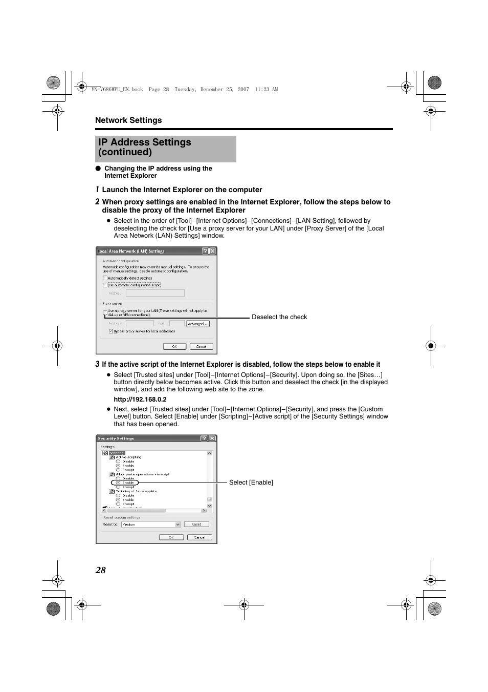 Ip address settings (continued) | JVC OUTDOOR PTZ IP DOME CAMERA VN-V686WPU User Manual | Page 28 / 44