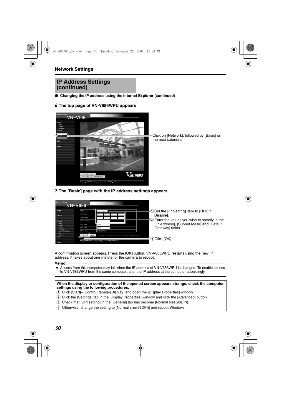 Ip address settings (continued) | JVC OUTDOOR PTZ IP DOME CAMERA VN-V686WPU User Manual | Page 30 / 44