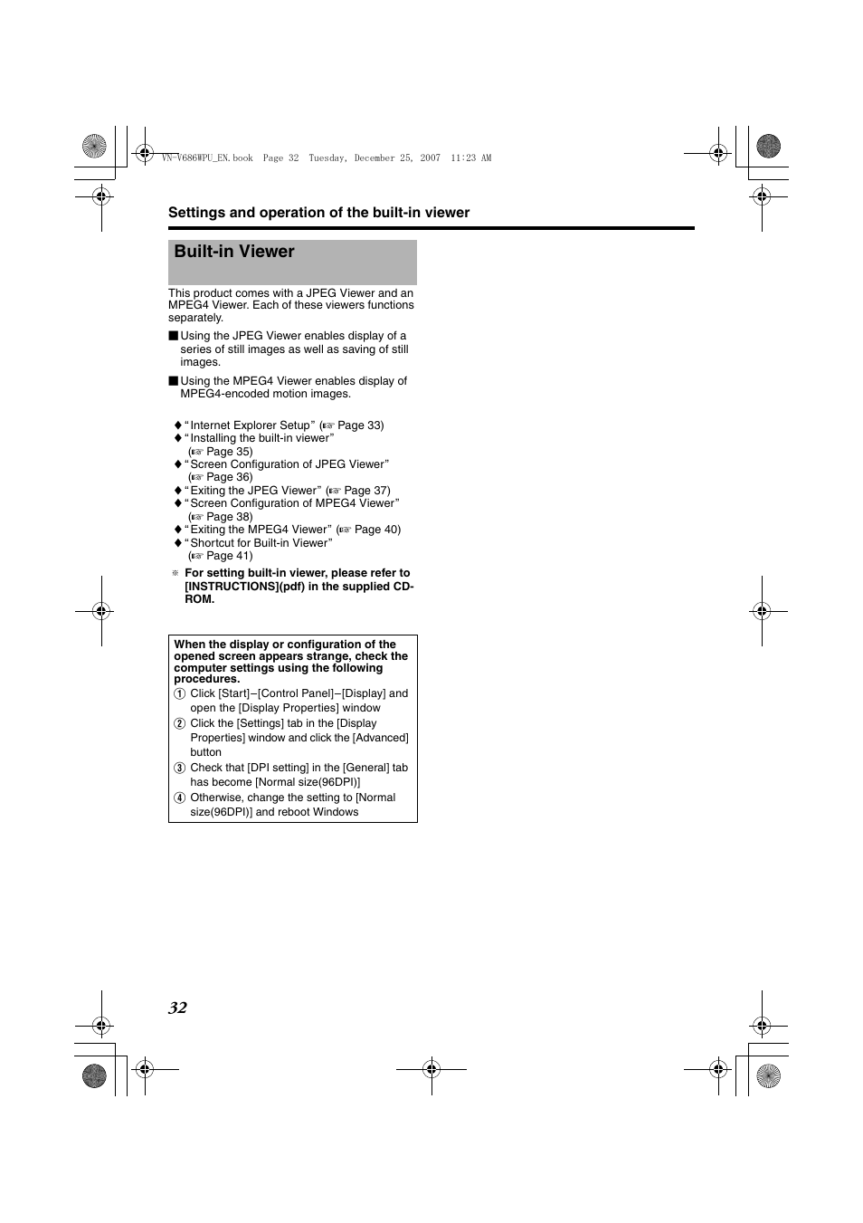 Settings and operation of the built-in viewer, Built-in viewer, Settings and operation of the built- in viewer | JVC OUTDOOR PTZ IP DOME CAMERA VN-V686WPU User Manual | Page 32 / 44