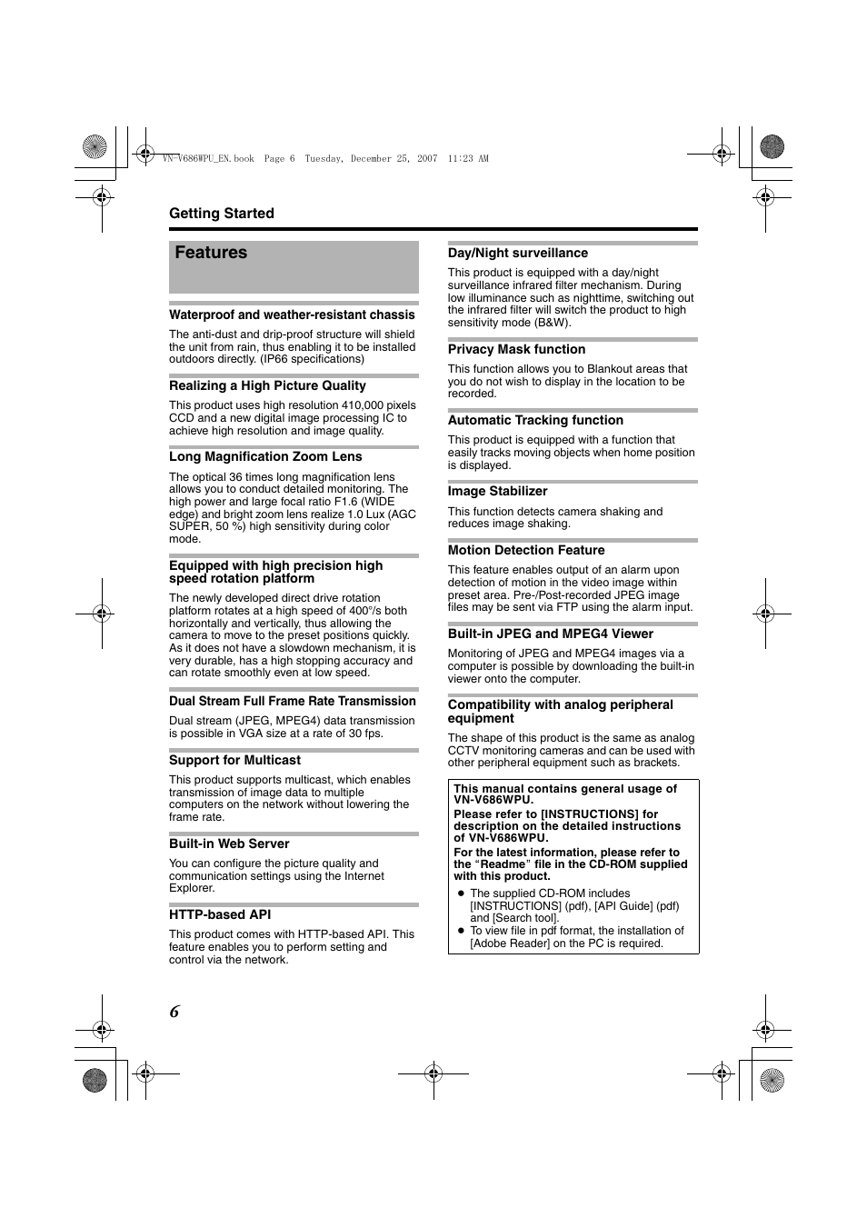 Features | JVC OUTDOOR PTZ IP DOME CAMERA VN-V686WPU User Manual | Page 6 / 44