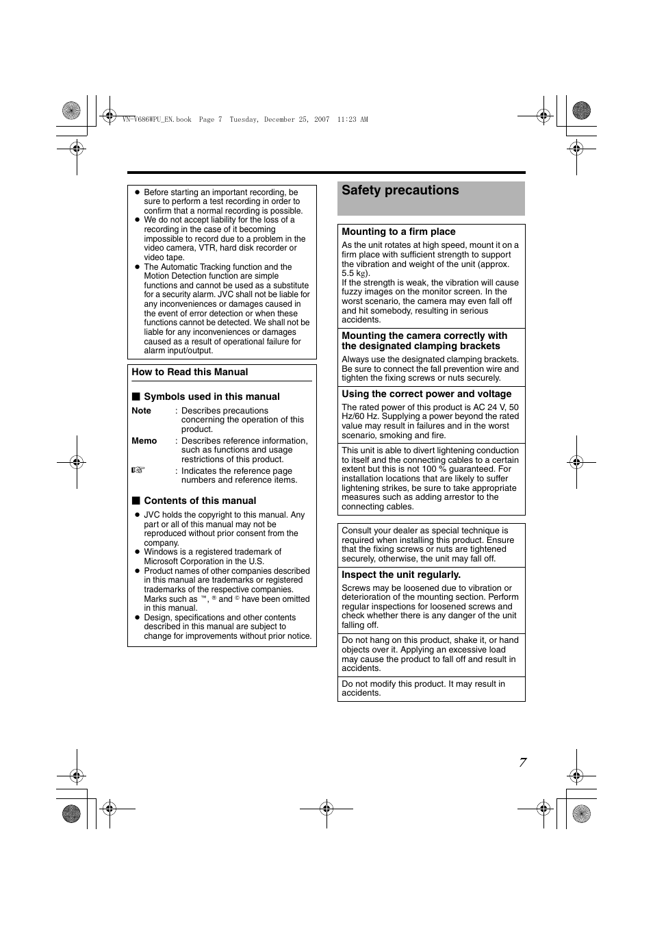 Safety precautions | JVC OUTDOOR PTZ IP DOME CAMERA VN-V686WPU User Manual | Page 7 / 44