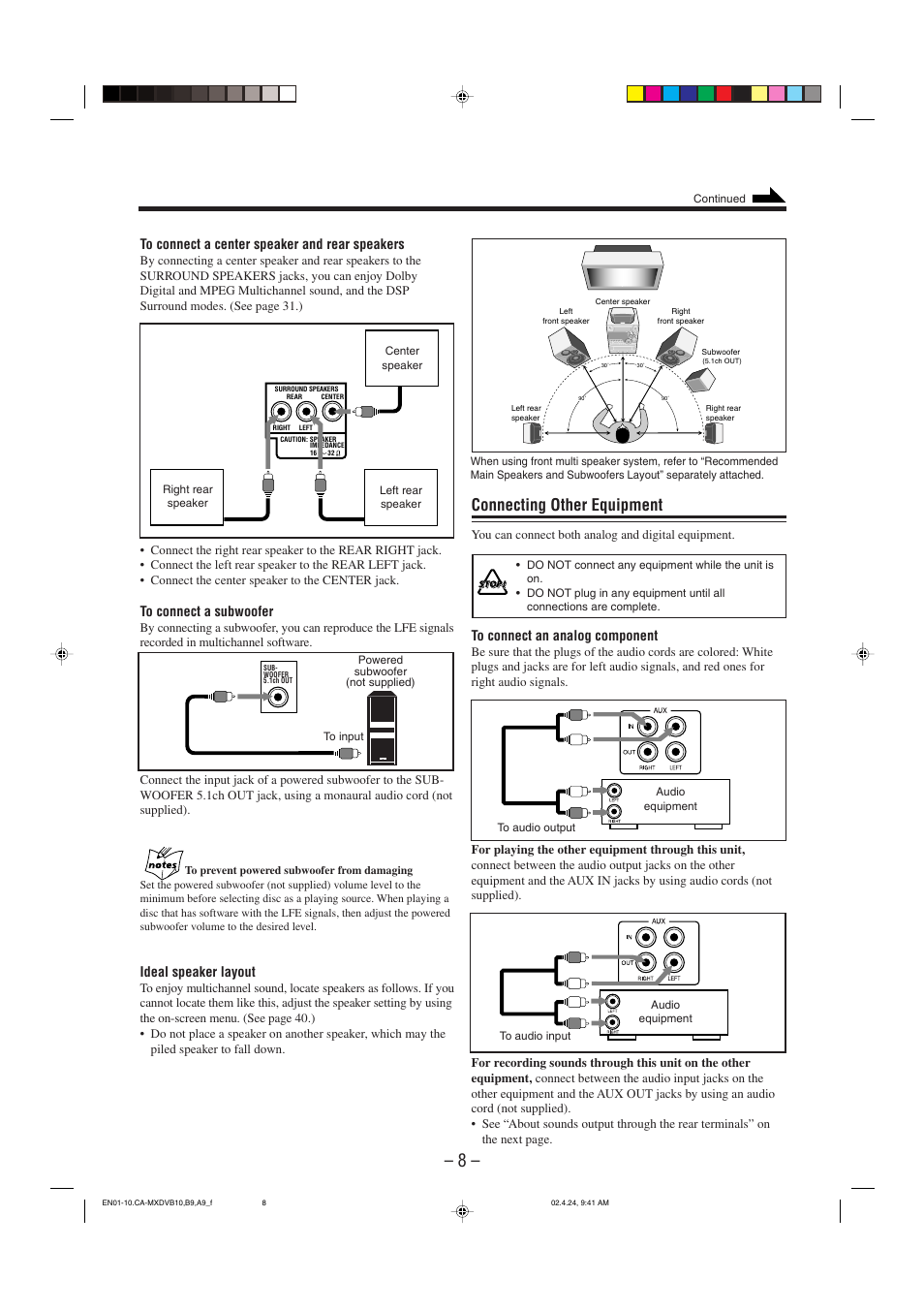 Connecting other equipment, Ideal speaker layout | JVC CA-MXDVA9 User Manual | Page 11 / 72