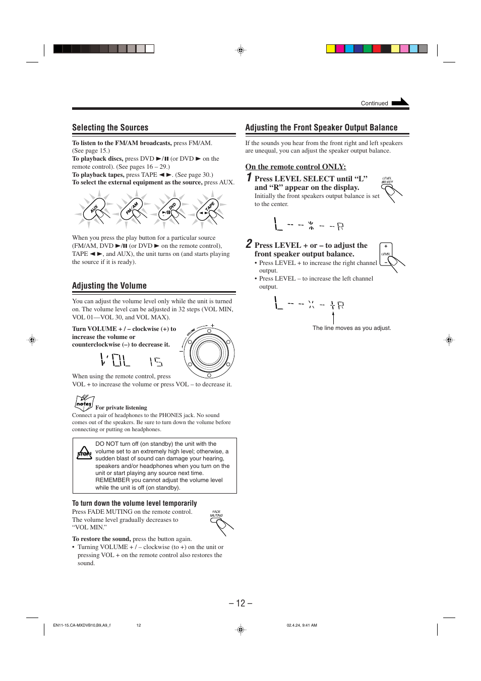 Selecting the sources, Adjusting the volume, Adjusting the front speaker output balance | JVC CA-MXDVA9 User Manual | Page 15 / 72