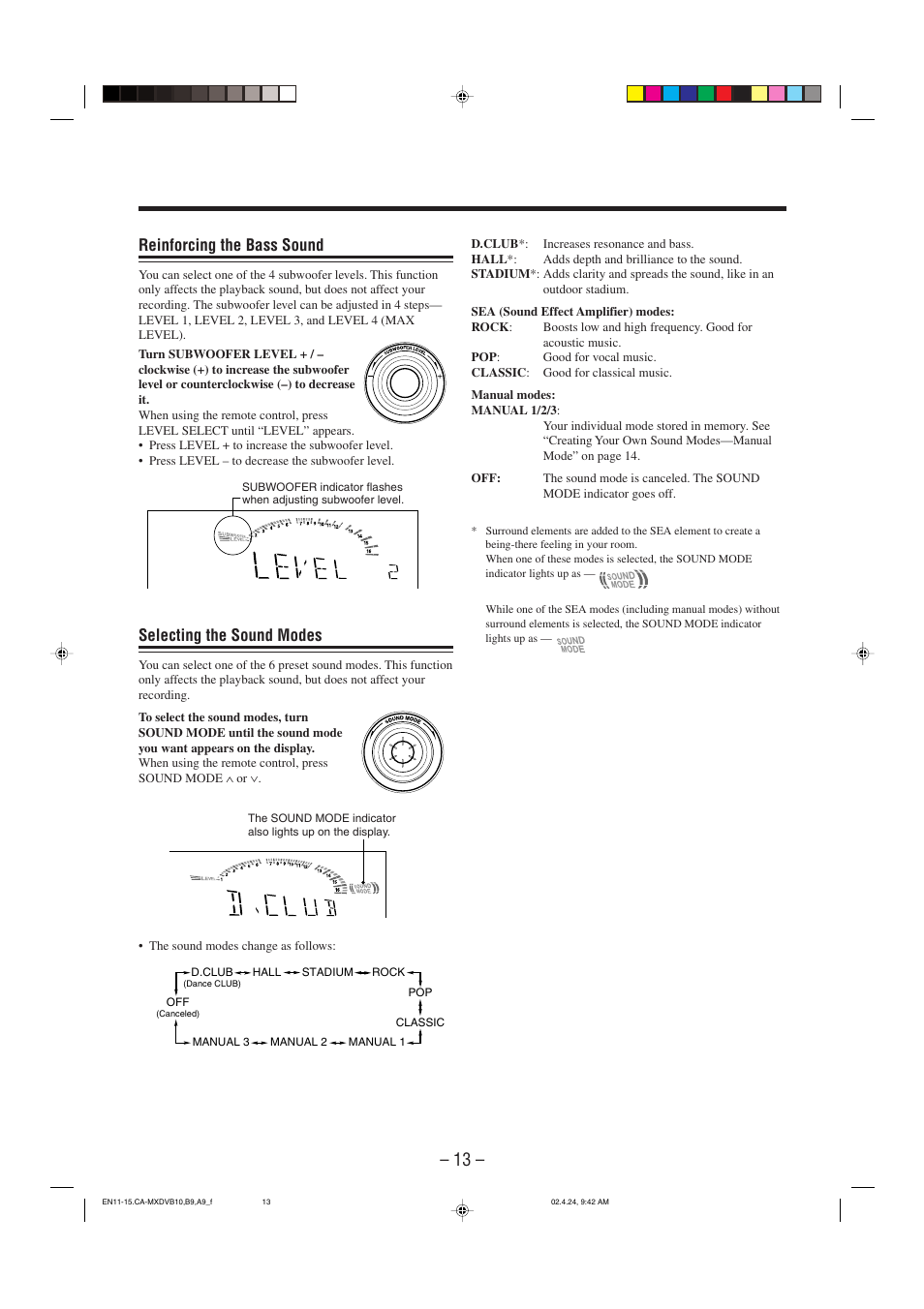Selecting the sound modes, Reinforcing the bass sound | JVC CA-MXDVA9 User Manual | Page 16 / 72