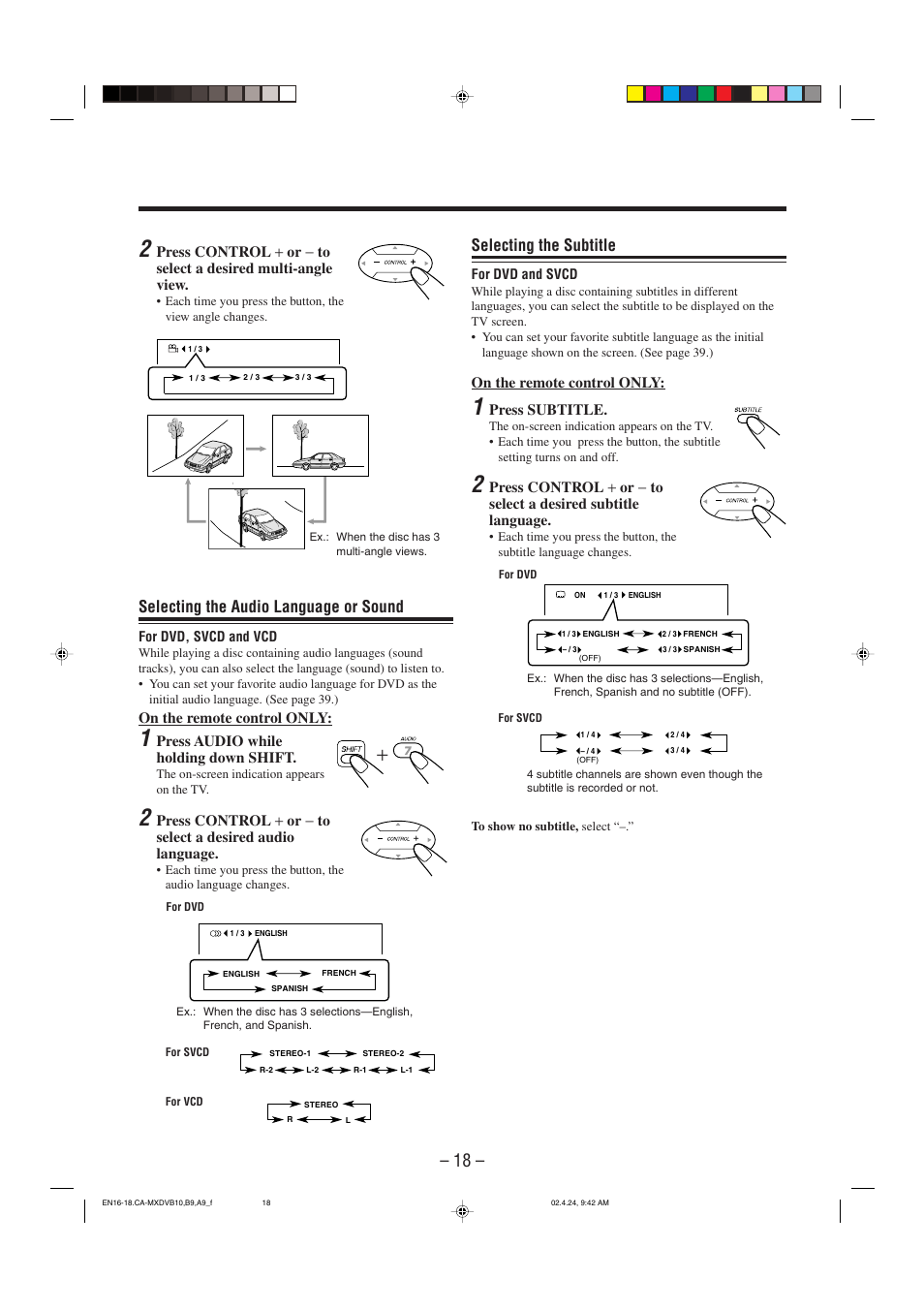 Selecting the subtitle, Selecting the audio language or sound | JVC CA-MXDVA9 User Manual | Page 21 / 72