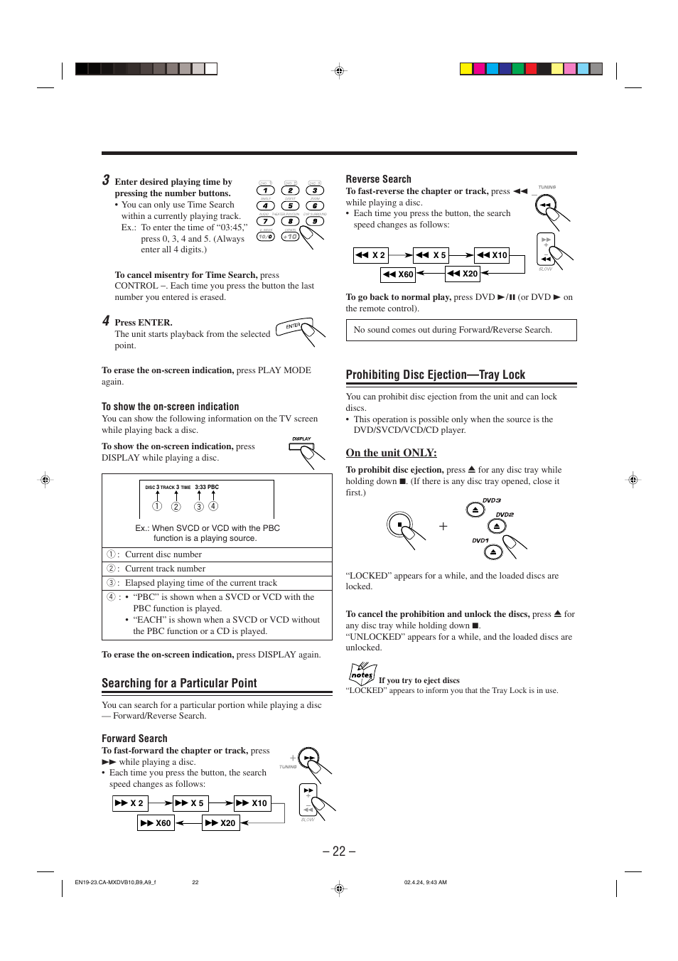 Prohibiting disc ejection—tray lock, Searching for a particular point | JVC CA-MXDVA9 User Manual | Page 25 / 72