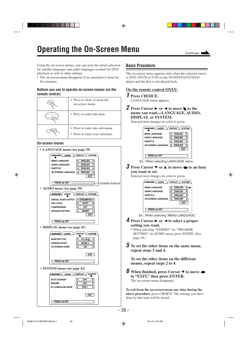 Operating the on-screen menu, Basic procedure, On the remote control only | Press choice | JVC CA-MXDVA9 User Manual | Page 41 / 72