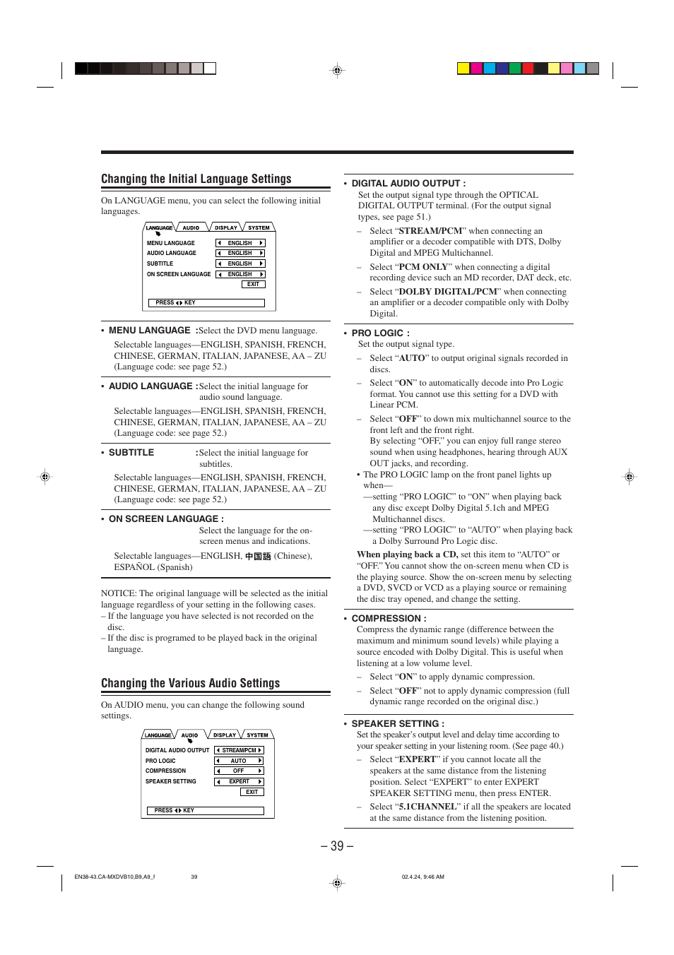 Changing the initial language settings, Changing the various audio settings | JVC CA-MXDVA9 User Manual | Page 42 / 72