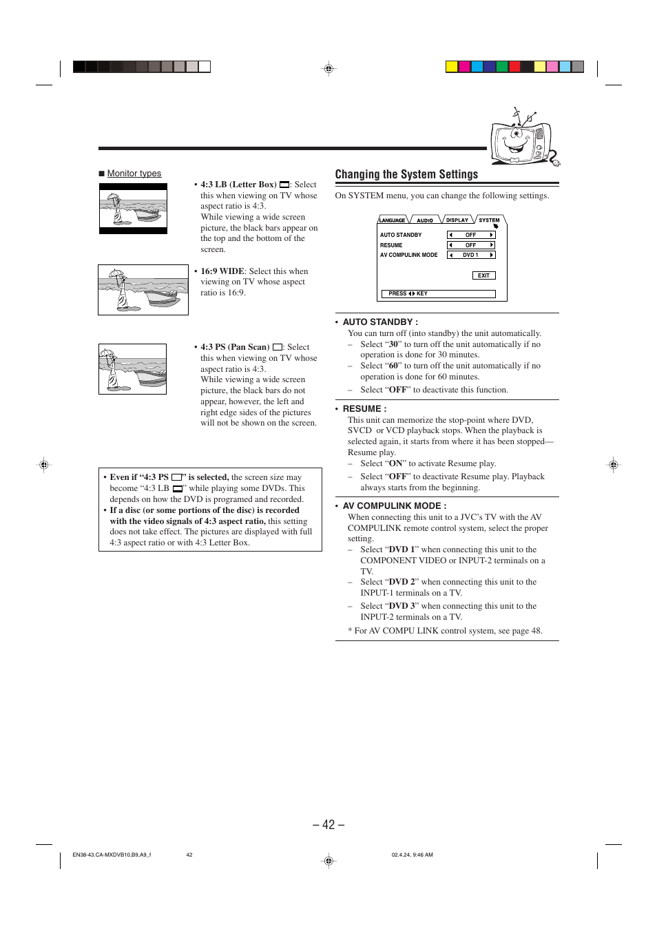 Changing the system settings | JVC CA-MXDVA9 User Manual | Page 45 / 72