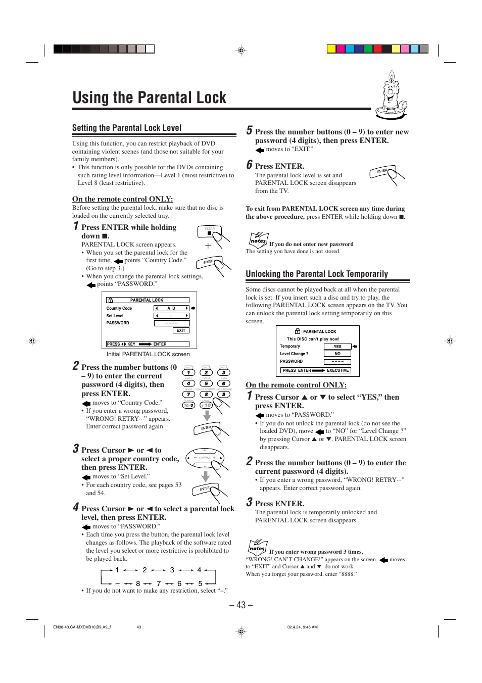 Using the parental lock | JVC CA-MXDVA9 User Manual | Page 46 / 72