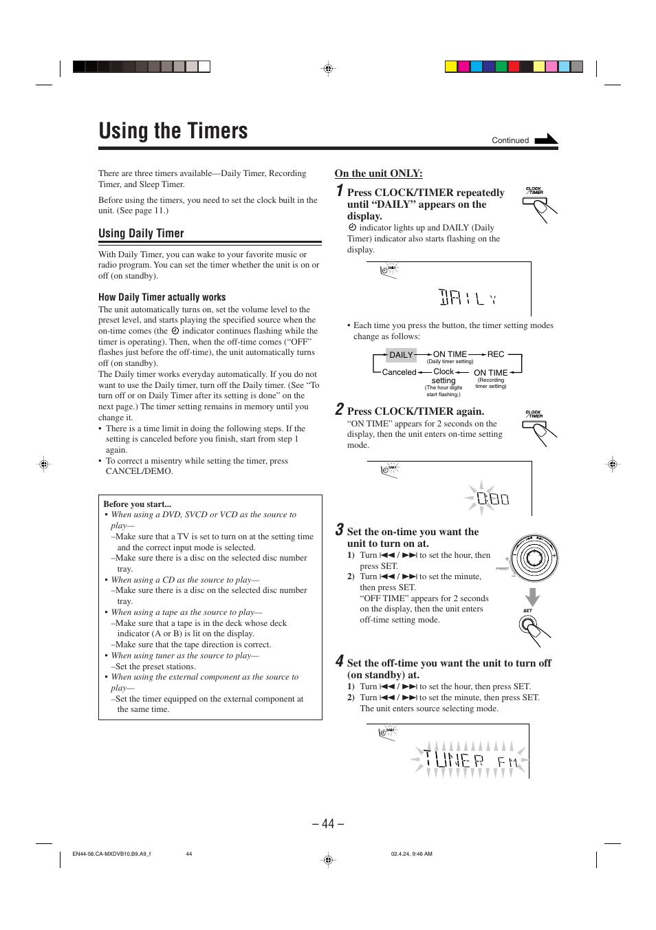 Using the timers, Using daily timer | JVC CA-MXDVA9 User Manual | Page 47 / 72