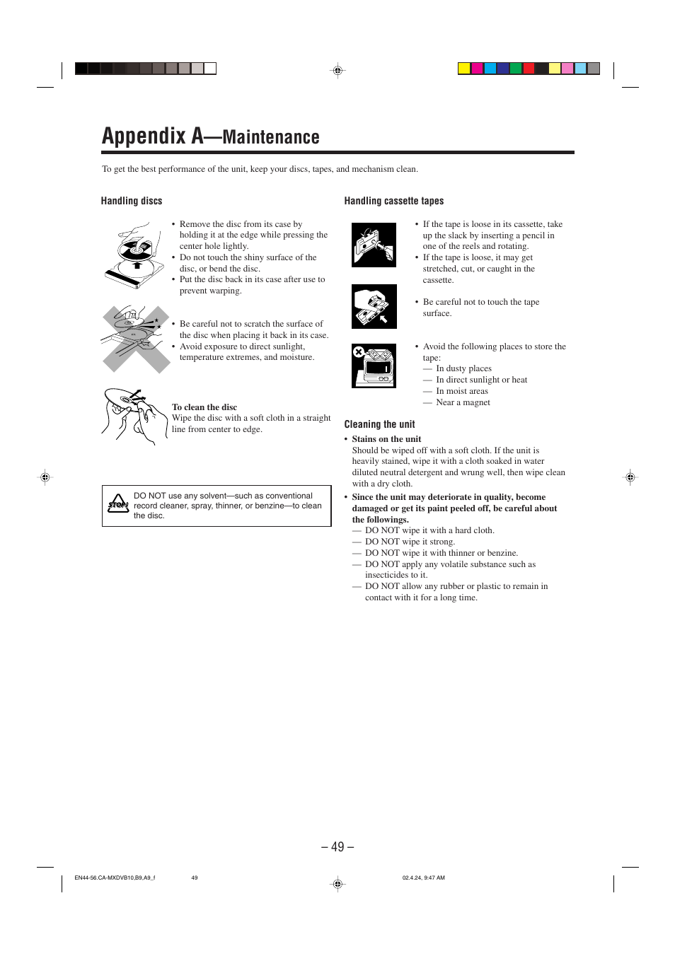Appendix a―maintenance, Appendix a, Maintenance | JVC CA-MXDVA9 User Manual | Page 52 / 72