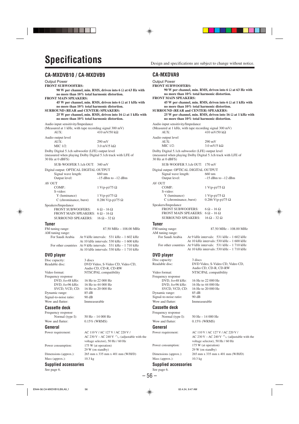 Specifications, Ca-mxdvb10 / ca-mxdvb9, Ca-mxdva9 | JVC CA-MXDVA9 User Manual | Page 59 / 72