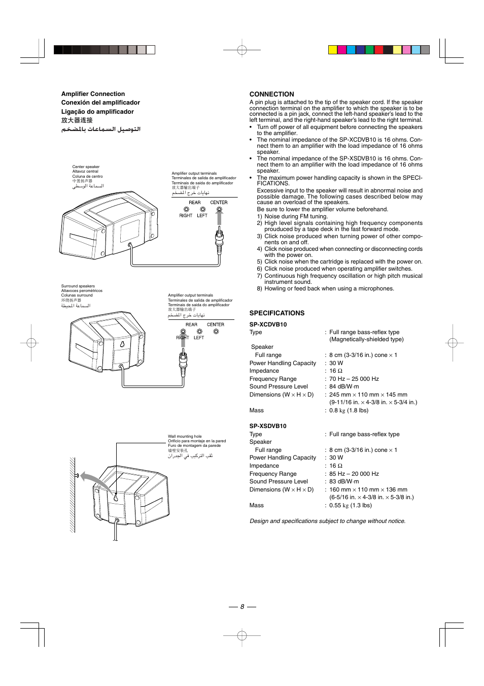 Amplifier connection, Connection, Specifications | JVC CA-MXDVA9 User Manual | Page 68 / 72