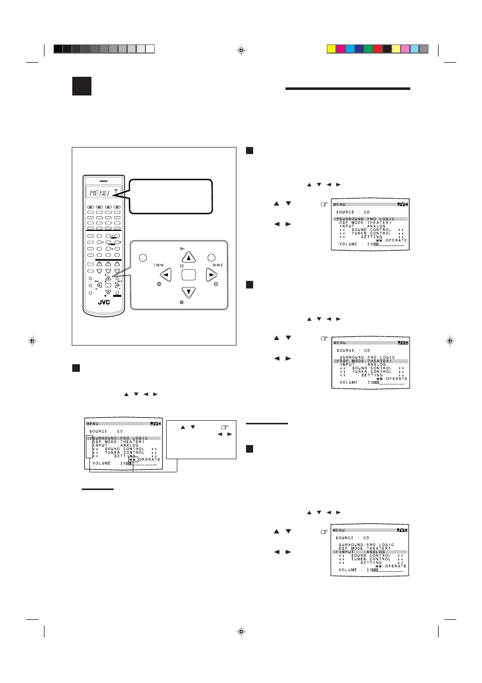 Using the on-screen menus, Press menu, Activating the surround modes (also see page 31) | Activating the dsp modes (also see pages 32 – 38), Showing the menu on the tv screen, The menu disappears from the tv | JVC RX-8012RSL User Manual | Page 43 / 64