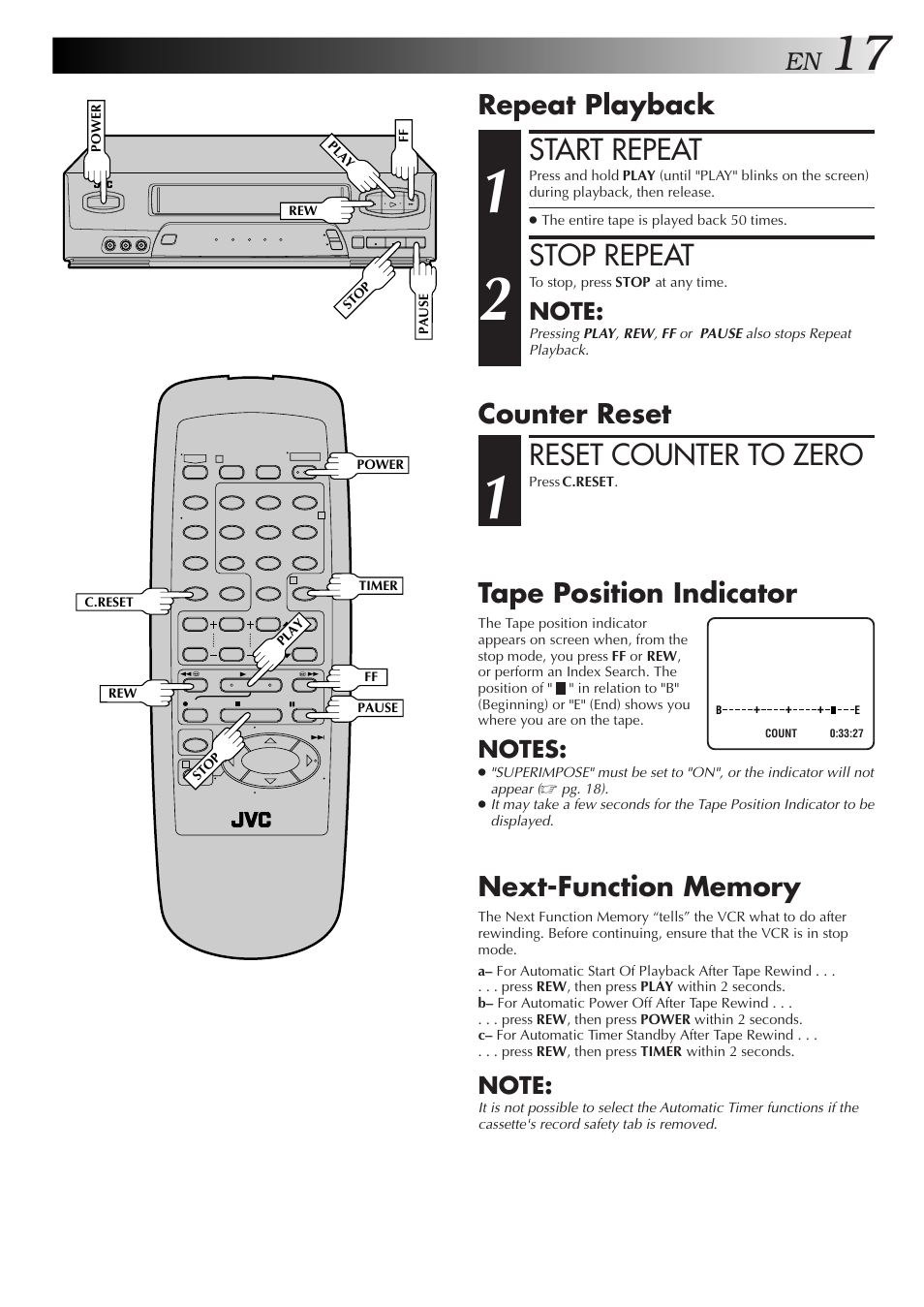 Start repeat, Stop repeat, Reset counter to zero | Repeat playback, Tape position indicator, Counter reset | JVC HR-A34U User Manual | Page 17 / 44