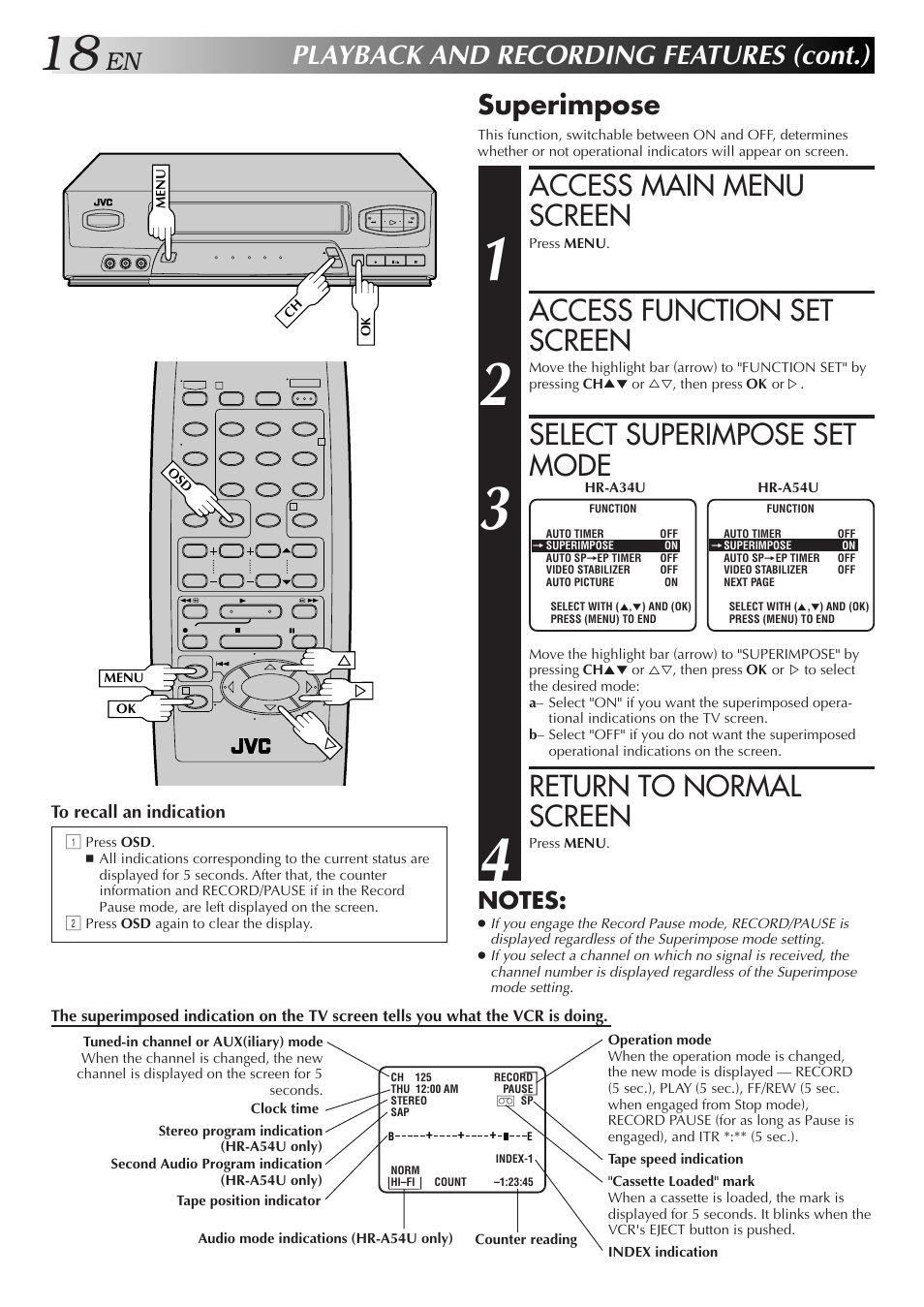 Access main menu screen, Access function set screen, Select superimpose set mode | Return to normal screen, Playback and recording features (cont.), Superimpose | JVC HR-A34U User Manual | Page 18 / 44