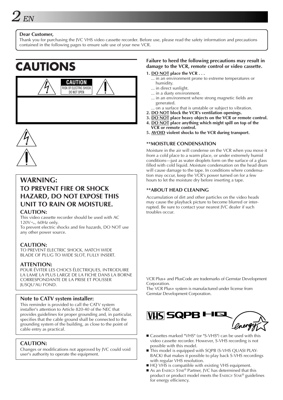 Cautions, Warning | JVC HR-A34U User Manual | Page 2 / 44