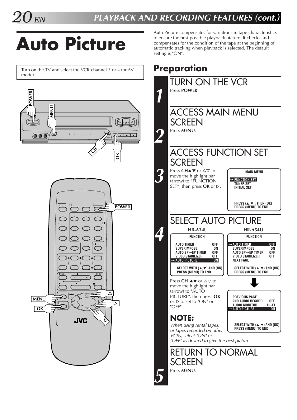 Auto picture, Turn on the vcr, Access main menu screen | Access function set screen, Select auto picture, Return to normal screen, Playback and recording features (cont.), Preparation | JVC HR-A34U User Manual | Page 20 / 44
