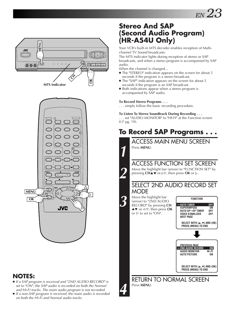 Access main menu screen, Access function set screen, Select 2nd audio record set mode | Return to normal screen | JVC HR-A34U User Manual | Page 23 / 44