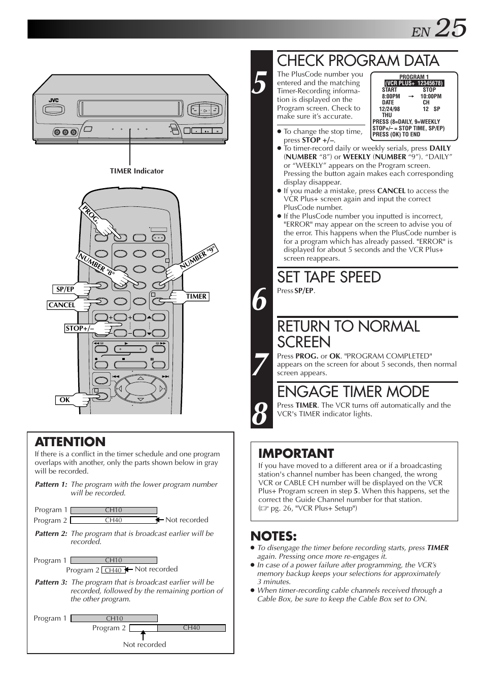 Check program data, Set tape speed, Return to normal screen | Engage timer mode, Important, Attention | JVC HR-A34U User Manual | Page 25 / 44