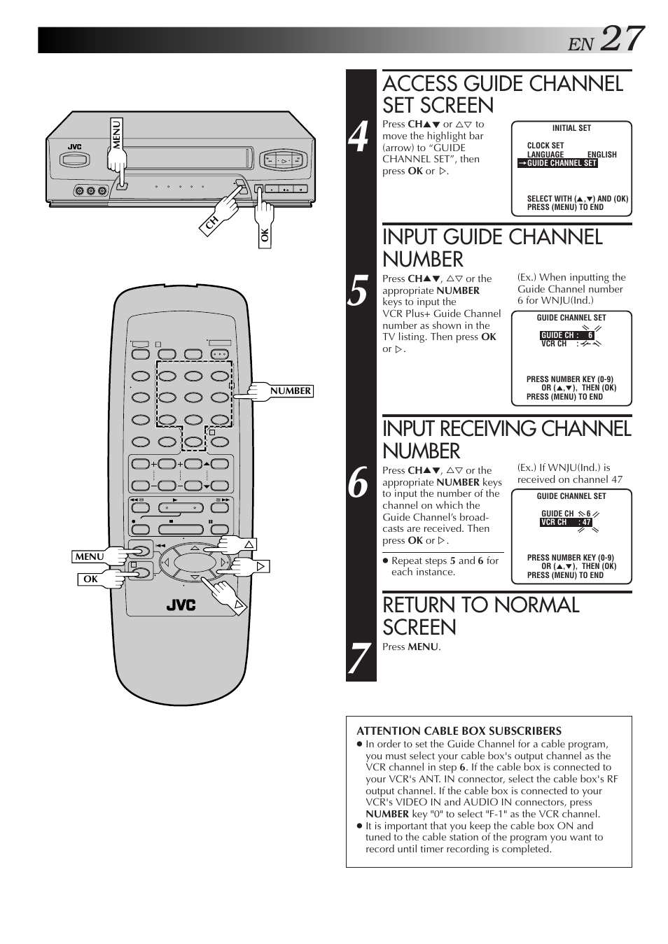 Access guide channel set screen, Input guide channel number, Input receiving channel number | Return to normal screen | JVC HR-A34U User Manual | Page 27 / 44