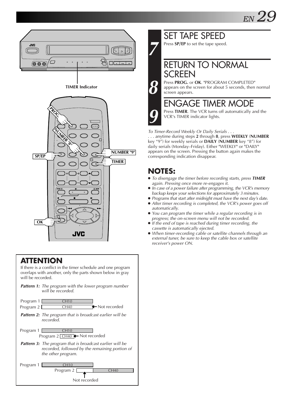 Set tape speed, Return to normal screen, Engage timer mode | Attention | JVC HR-A34U User Manual | Page 29 / 44