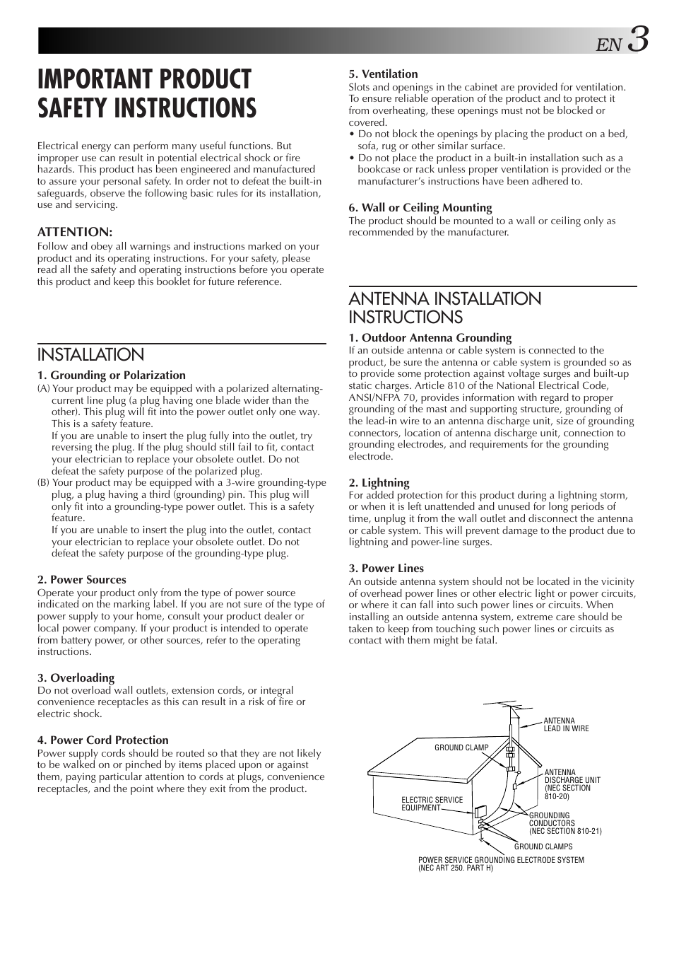 Important product safety instructions, Installation, Antenna installation instructions | JVC HR-A34U User Manual | Page 3 / 44