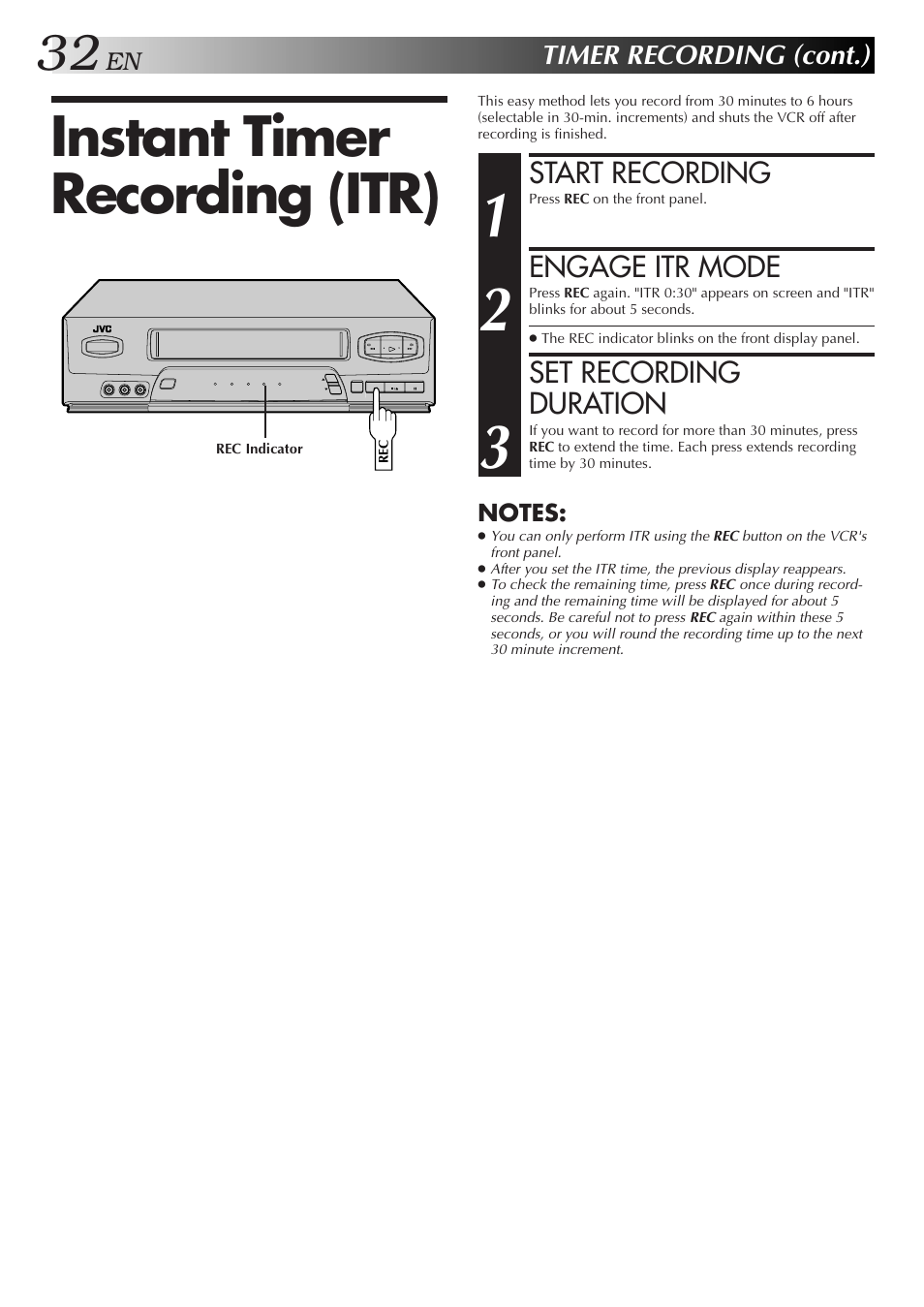 Instant timer recording (itr) | JVC HR-A34U User Manual | Page 32 / 44
