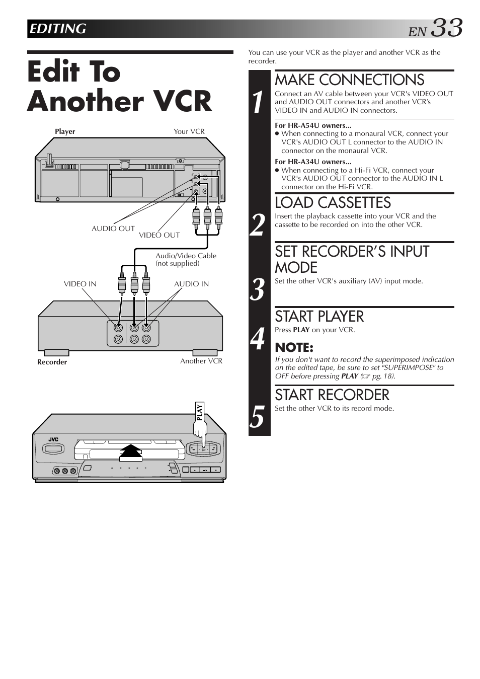 Edit to another vcr | JVC HR-A34U User Manual | Page 33 / 44