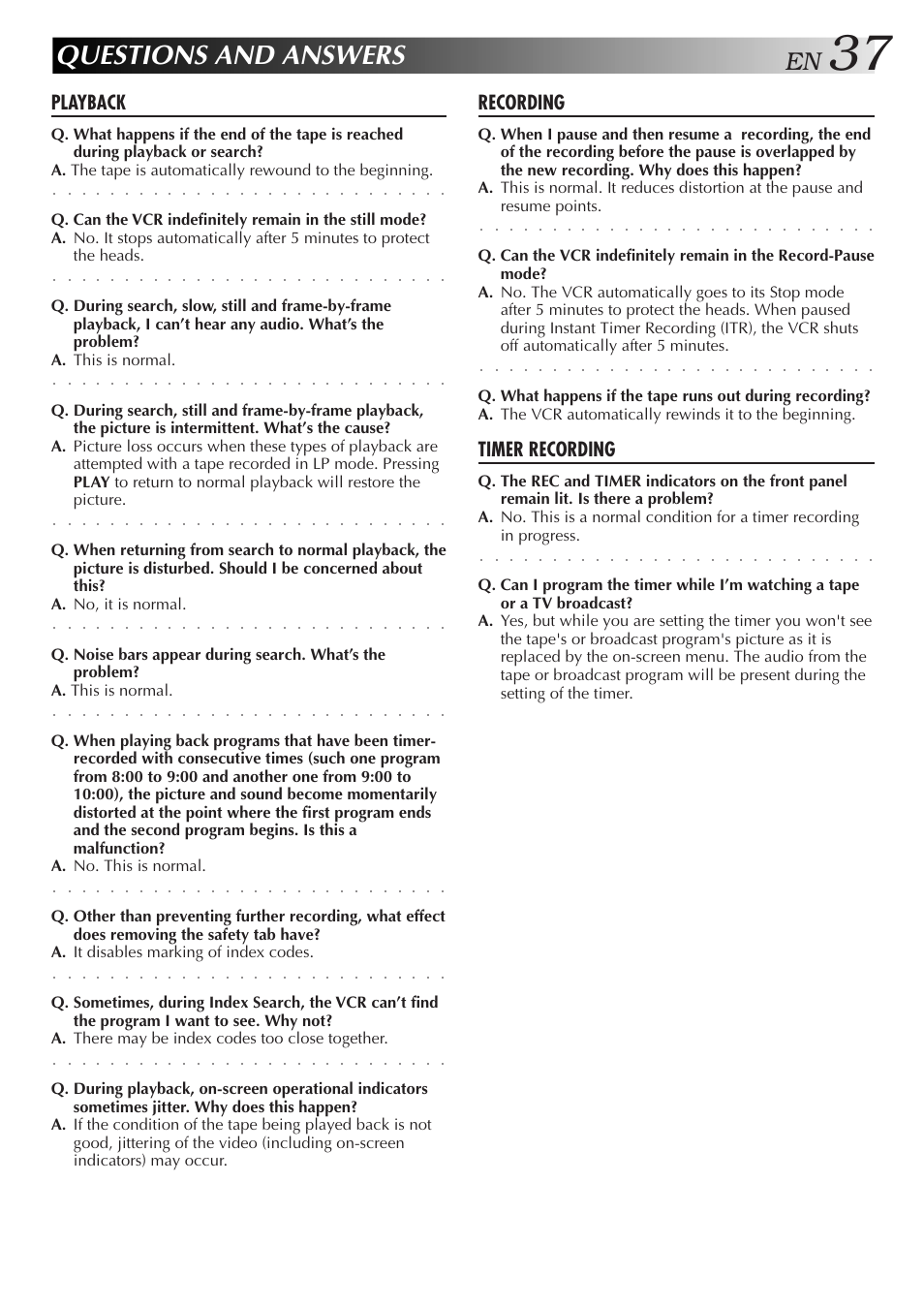 Questions and answers, Playback, Recording | Timer recording | JVC HR-A34U User Manual | Page 37 / 44