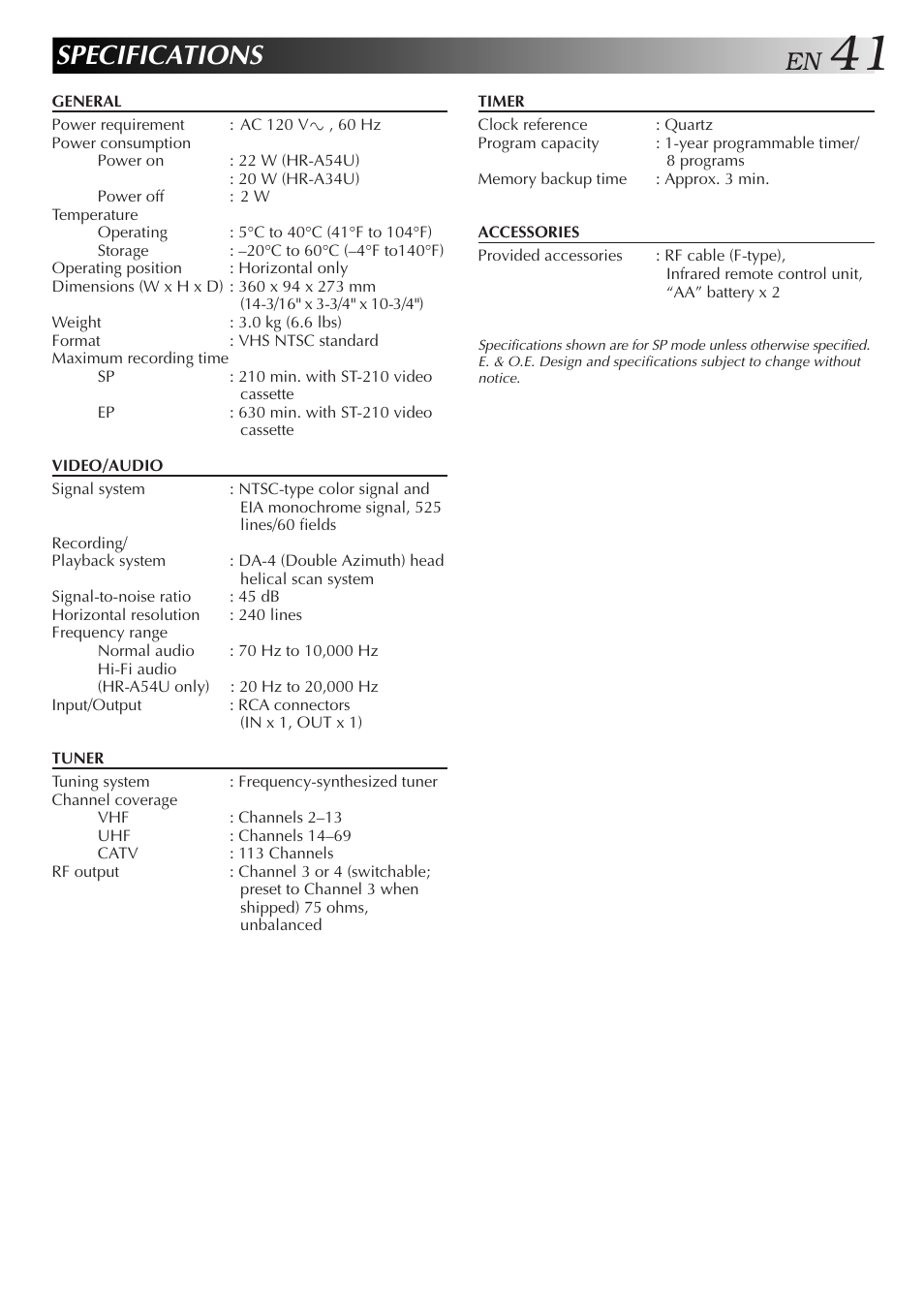 Specifications | JVC HR-A34U User Manual | Page 41 / 44