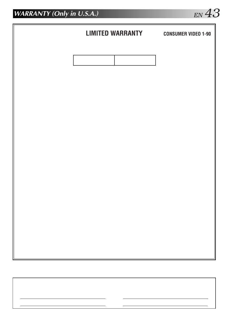 Warranty (only in u.s.a.), Limited warranty, Consumer video 1-90 | JVC HR-A34U User Manual | Page 43 / 44