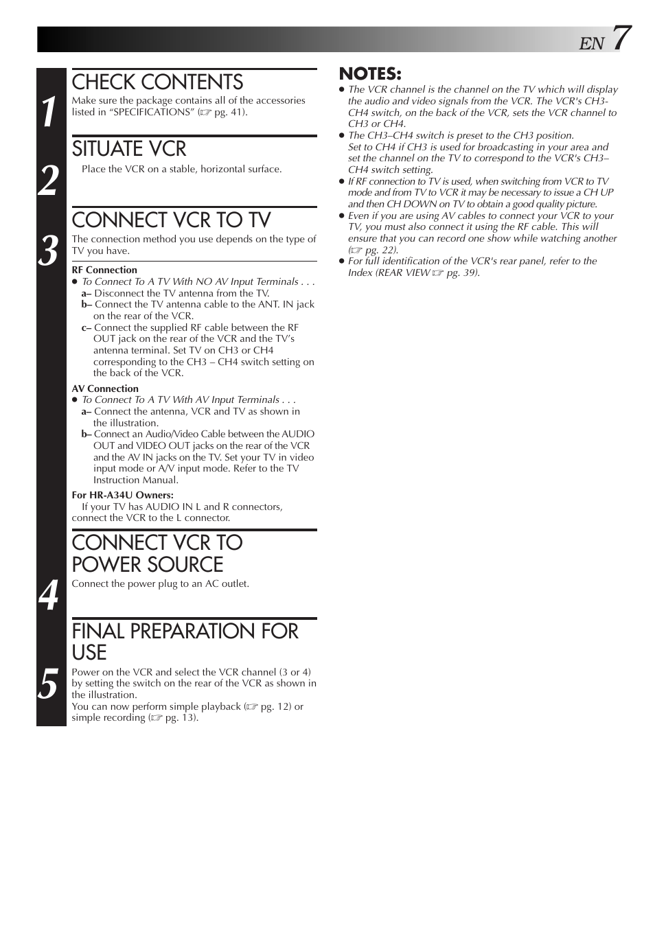 Check contents, Situate vcr, Connect vcr to tv | Connect vcr to power source, Final preparation for use | JVC HR-A34U User Manual | Page 7 / 44