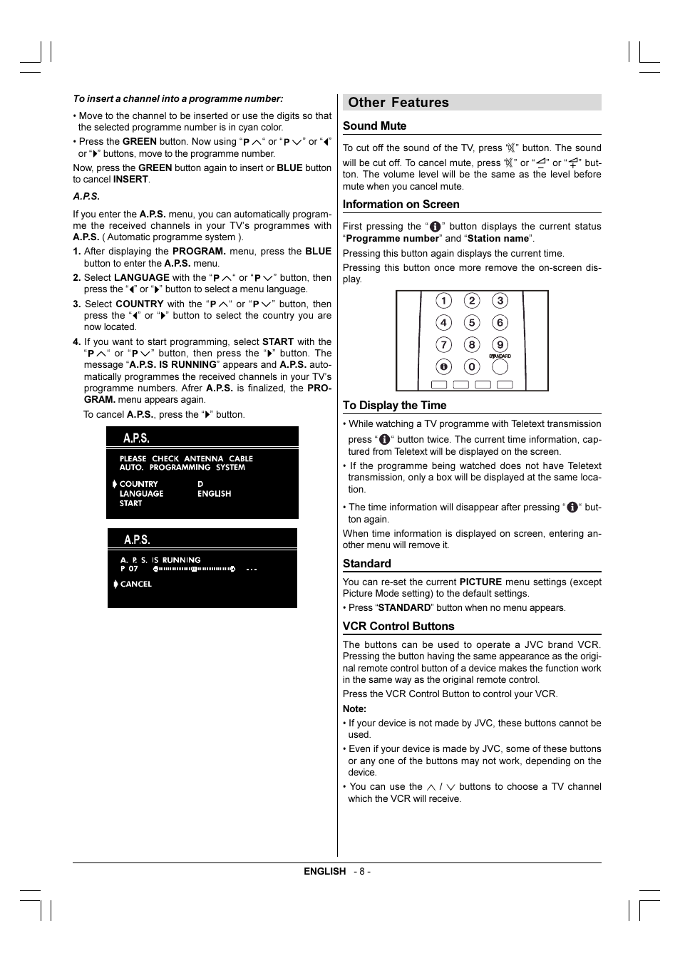 Other features, Sound mute, Information on screen | To display the time, Standard, Vcr control buttons | JVC 50052496 User Manual | Page 22 / 39