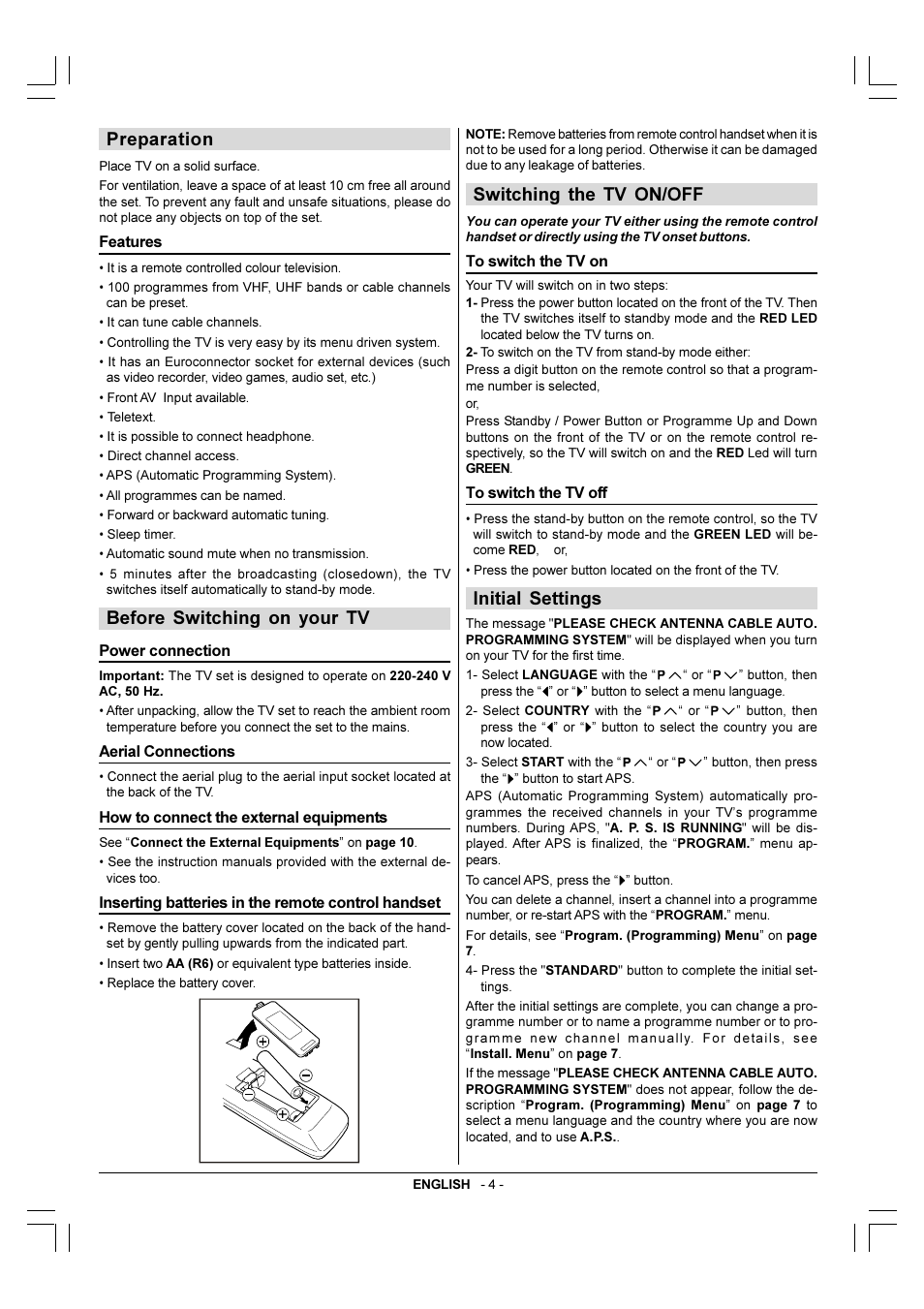 Preparation, Features, Before switching on tour tv | Power connection, Aerial connentions, How to connent the external equipments, Inserting batteries in the remote control handset, Switching the tv on/off, To switch the tv on, To switch the tv off | JVC 50052496 User Manual | Page 31 / 39