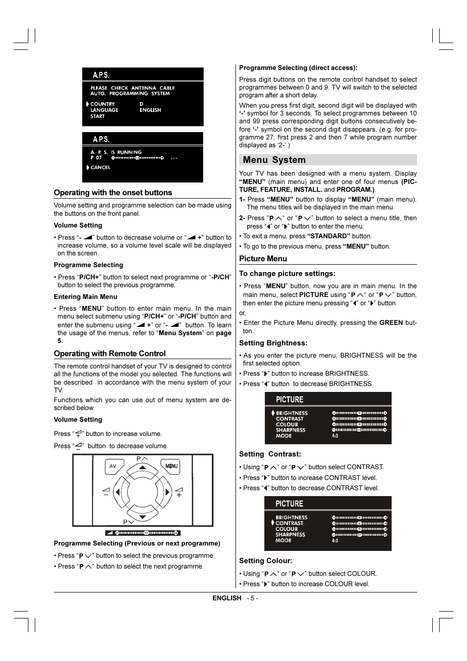 Operating with the onset buttons, Operating with remote control, Menu system | Picture menu | JVC 50052496 User Manual | Page 32 / 39
