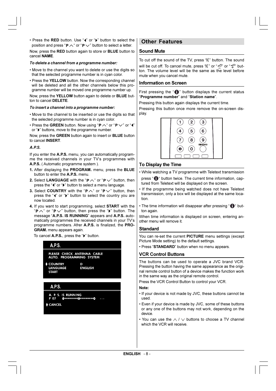 Other features, Sound mute, Information on screen | To display the time, Standard, Vcr control buttons | JVC 50052496 User Manual | Page 35 / 39