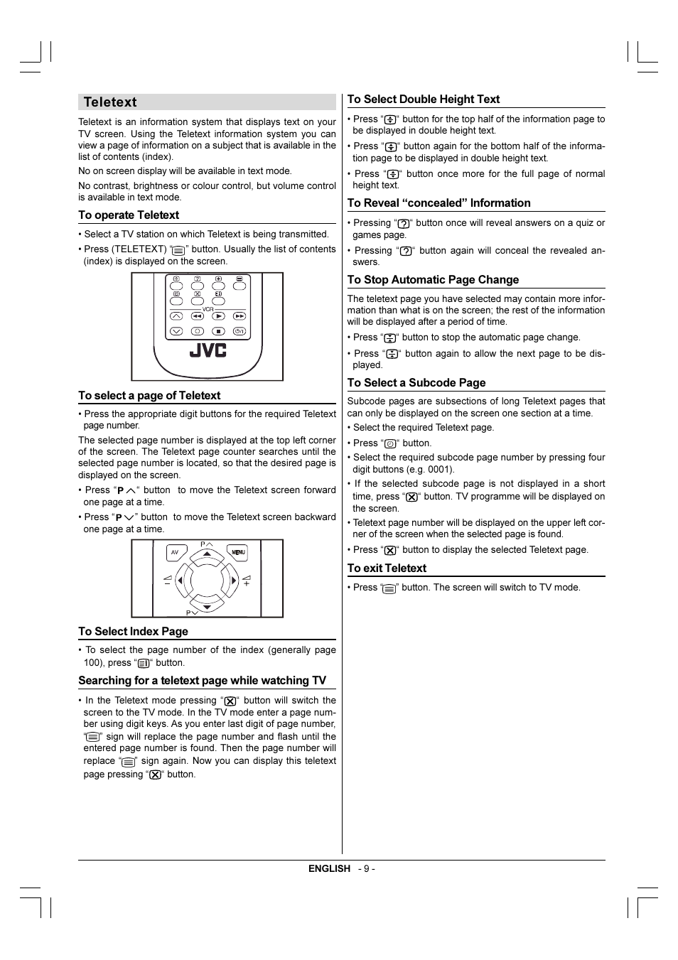 Teletext, To operate teletext, To select double height text | To reveal"concealed"information, To exit teletext | JVC 50052496 User Manual | Page 36 / 39