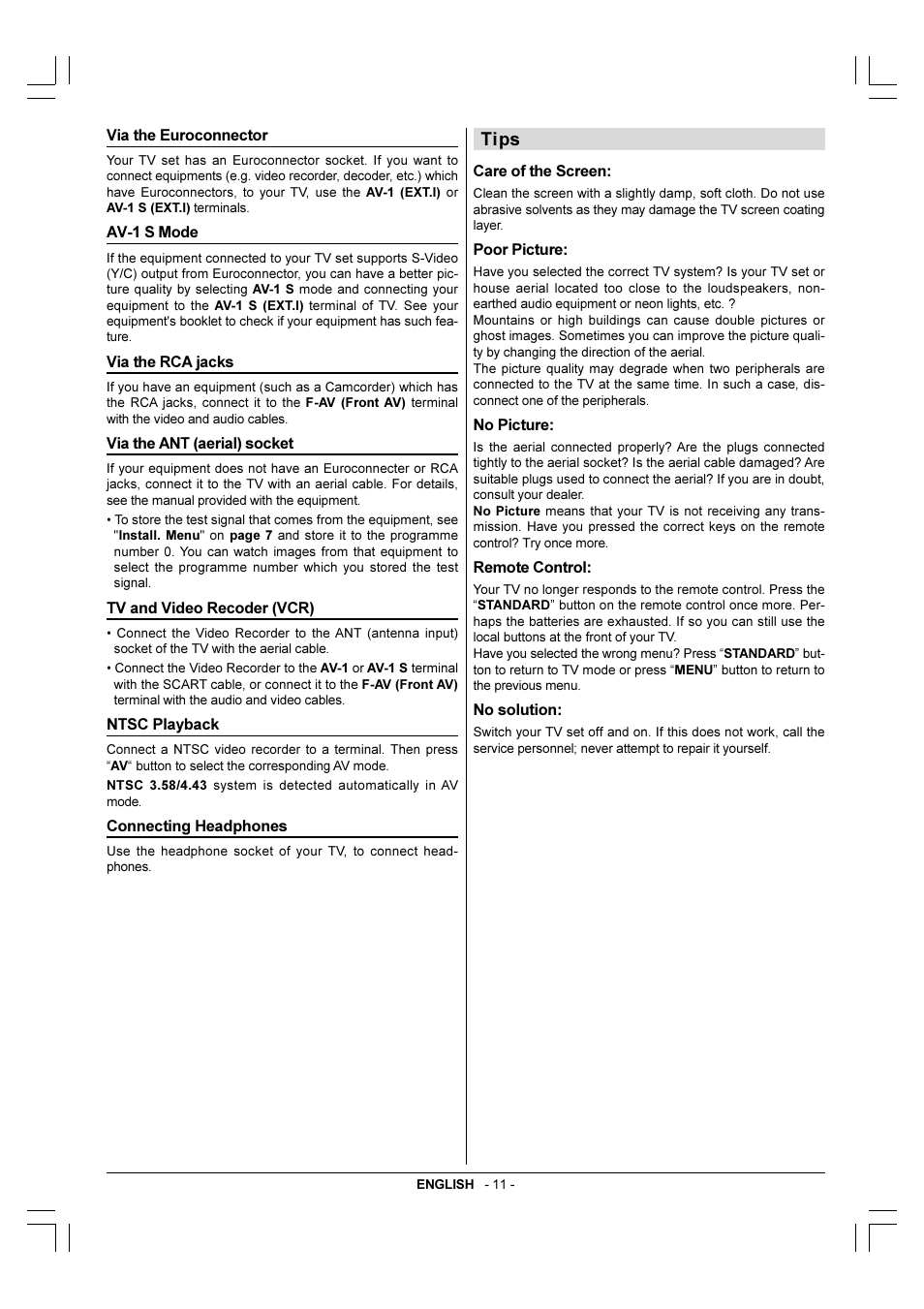 Via the euroconnector, Av-1 s mode, Via the rca jacks | Via the ant(aerial)socket, Tv and video recoder(vcr), Ntsc playback, Connenting headphones, Tips | JVC 50052496 User Manual | Page 38 / 39