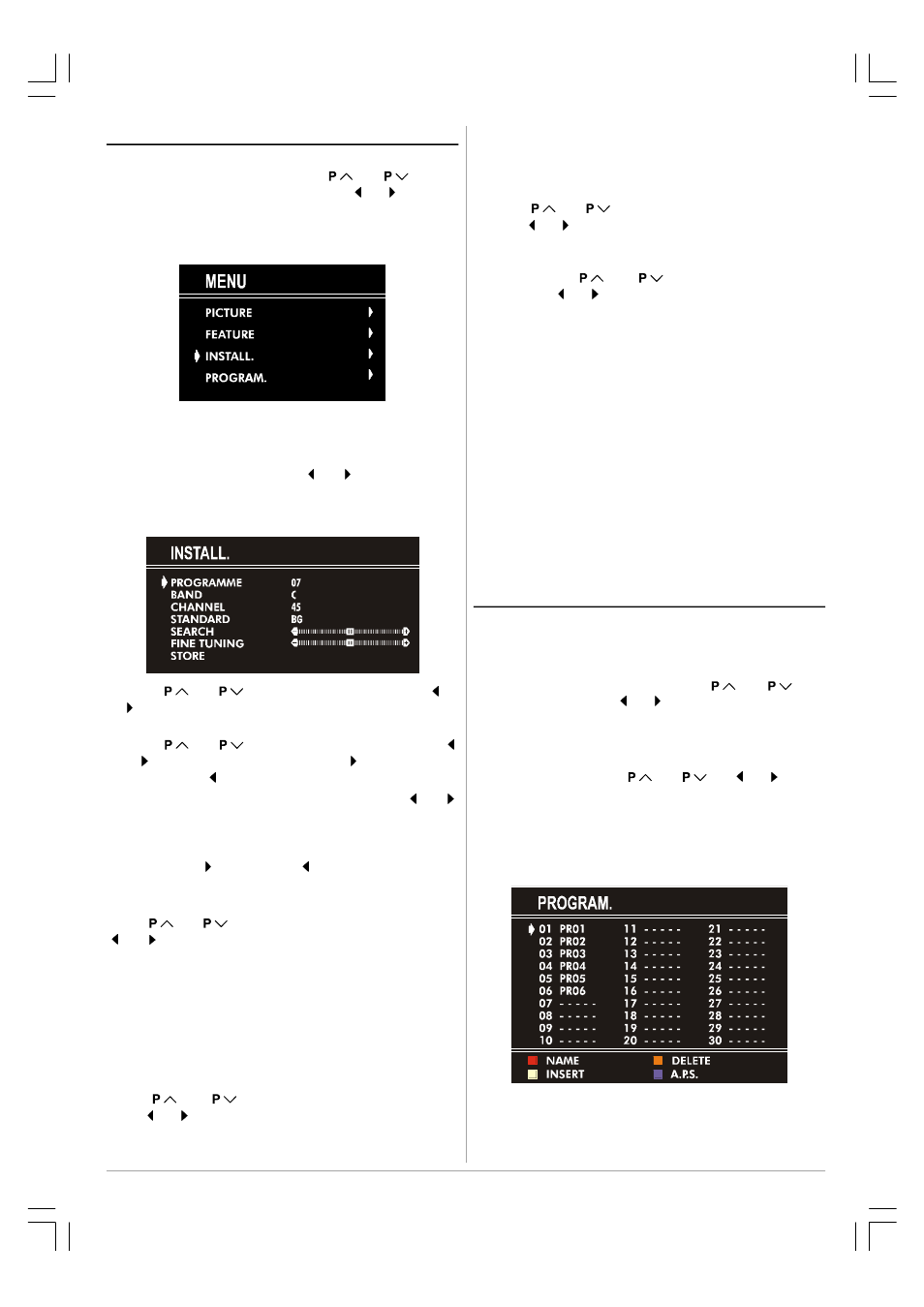 Install. menu, Program. (programming) menu | JVC 50052496 User Manual | Page 8 / 39