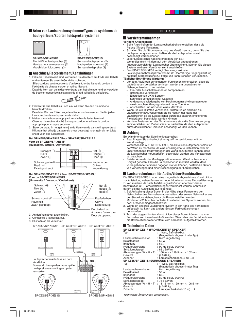 Anschluss/raccordement/aansluitingen, Vorsichtsmaßnahmen, Achtung | Lautsprecherboxen für audio/video-kombination, Technische daten | JVC SP-XE5 User Manual | Page 4 / 12